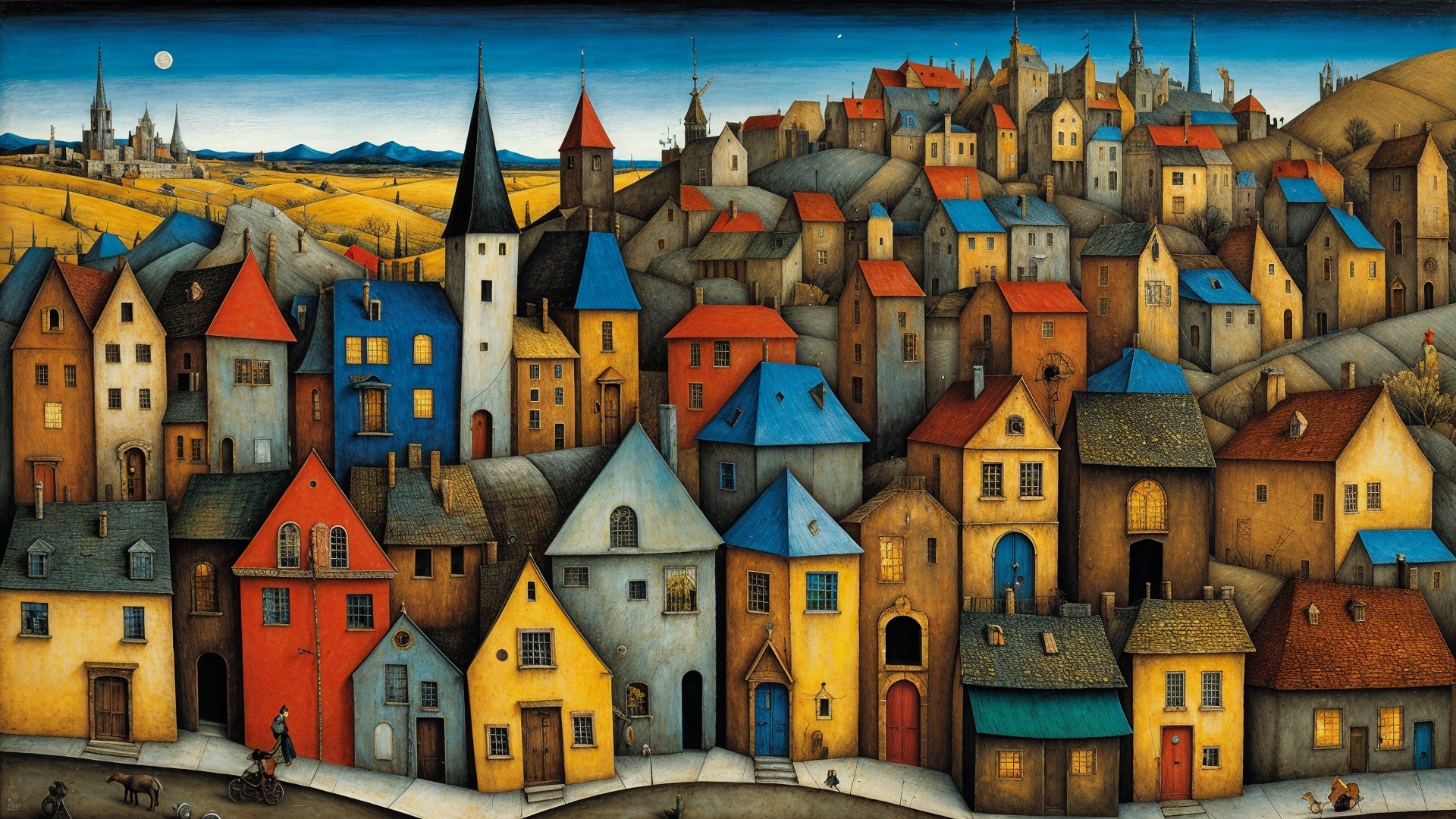 Vibrant Village Scene with Colorful Houses and Hills