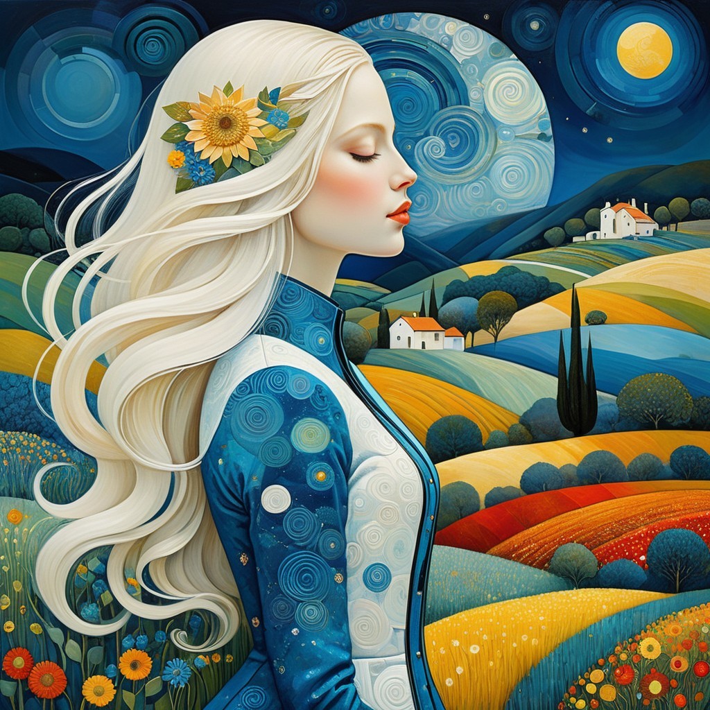 Ethereal Woman Surrounded by Vibrant Nature and Sky
