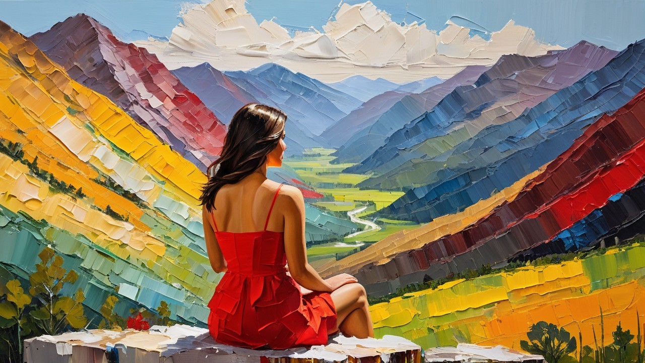 Impressionistic Painting of Woman in Red Dress Outdoors