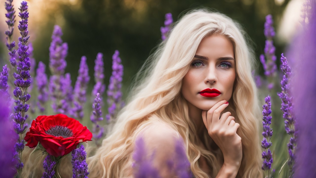 Woman in Nature Surrounded by Purple Flowers