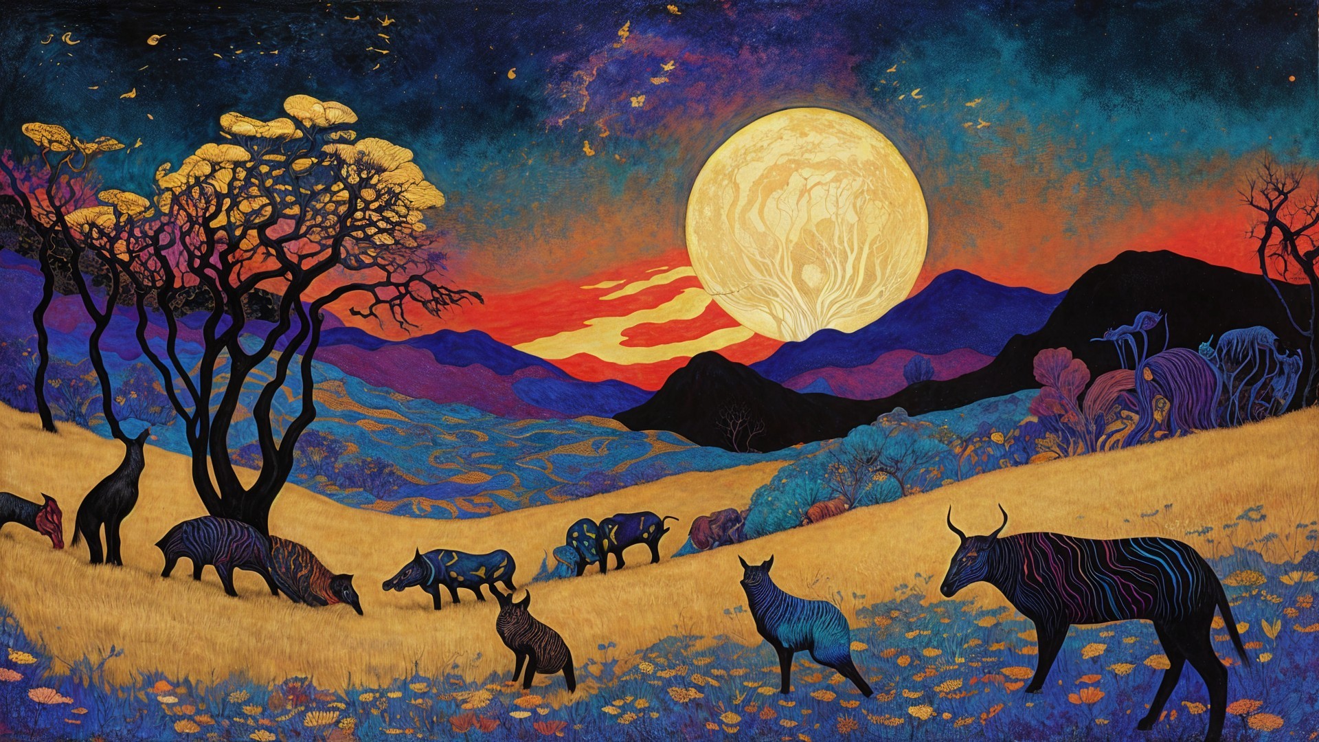 Vibrant Landscape Under a Luminous Full Moon