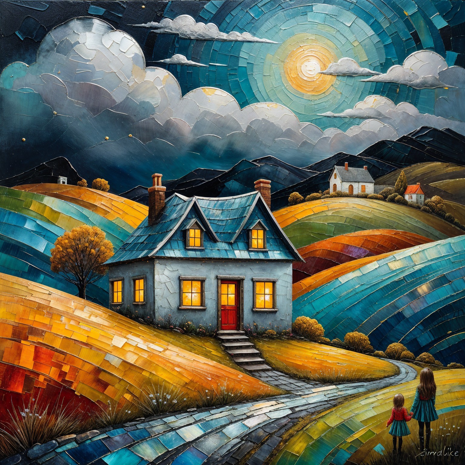 Vibrant Landscape with Cozy House and Starry Sky