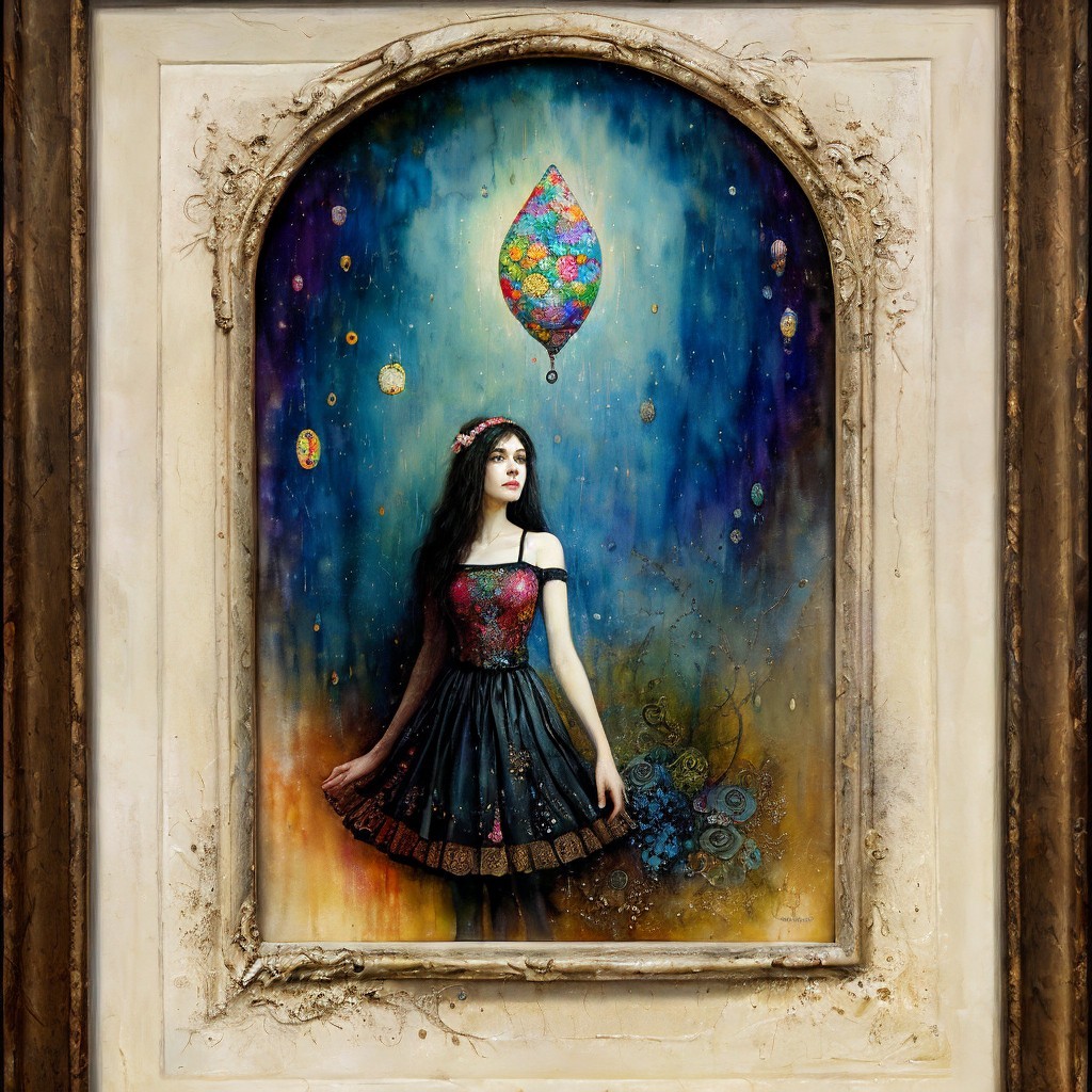 Young Woman in Elegant Dress with Dreamlike Background