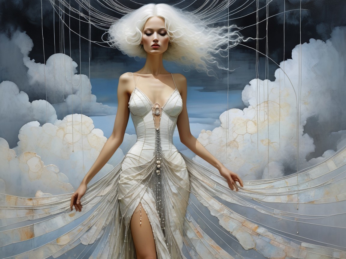 Ethereal Figure in White Dress Against Cloudy Sky