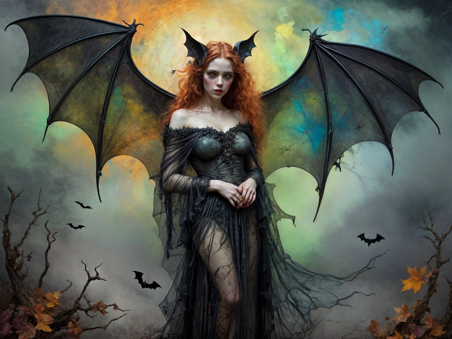 Ethereal Figure with Bat Wings in Misty Setting