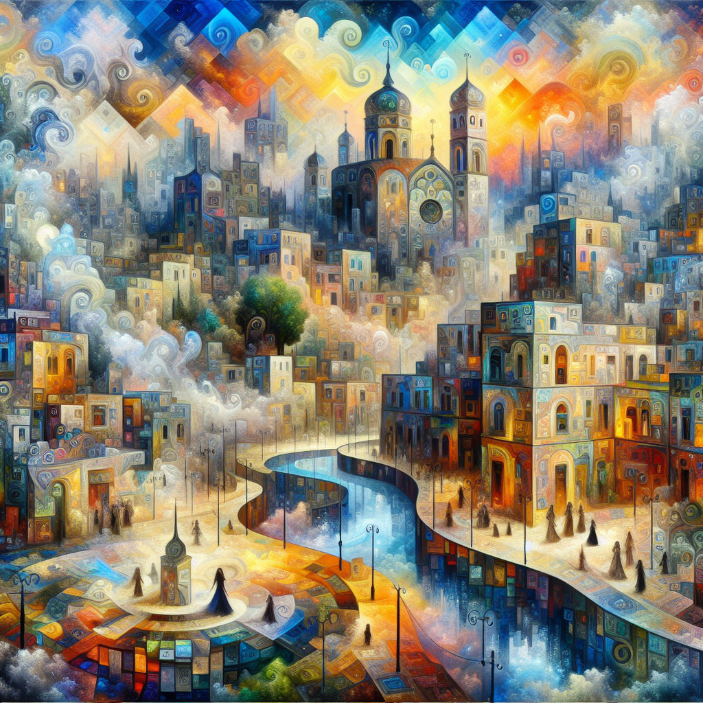 Surreal Cityscape with Colorful Buildings and River
