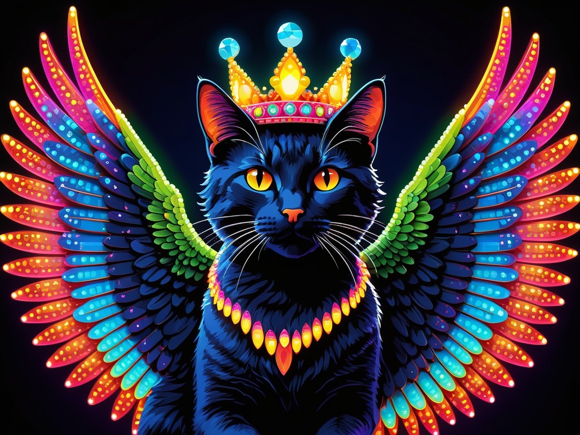 Black Cat with Crown and Rainbow Wings on Dark Background