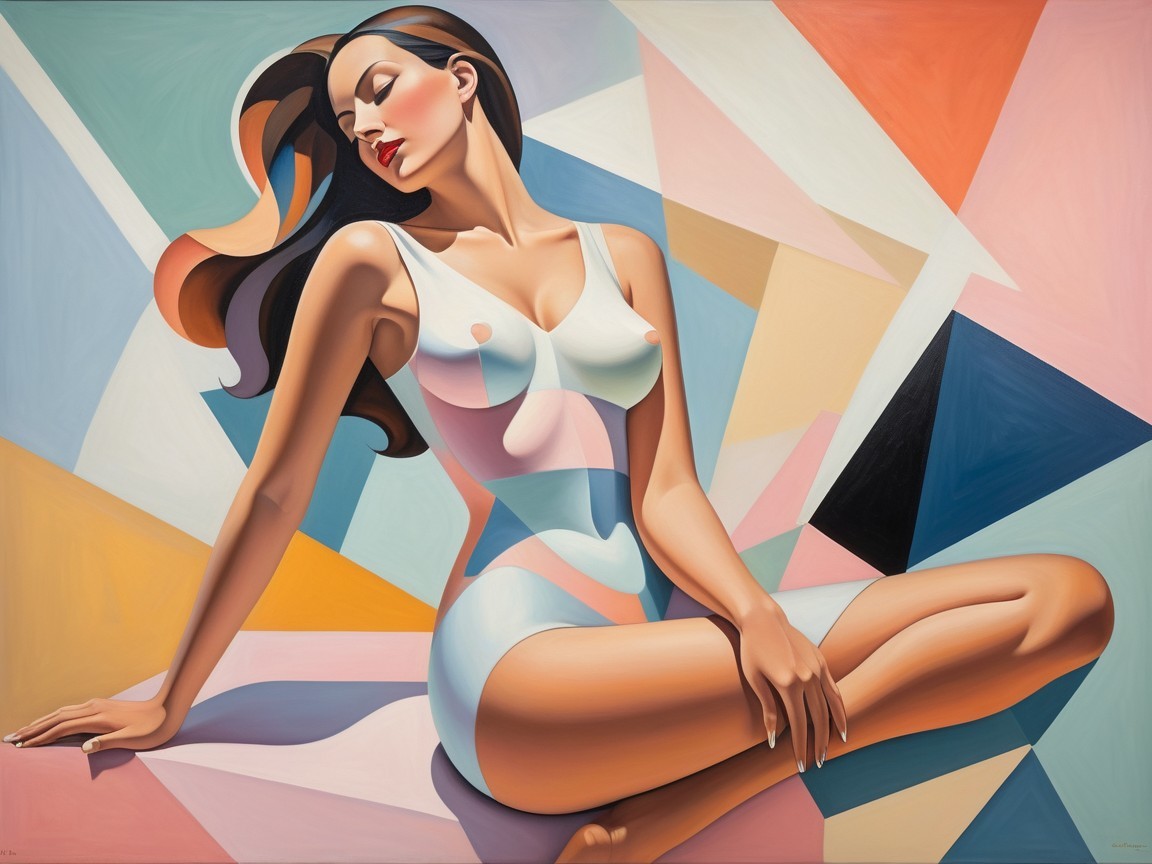 Modern Painting of Woman in White Bodysuit and Geometric Background