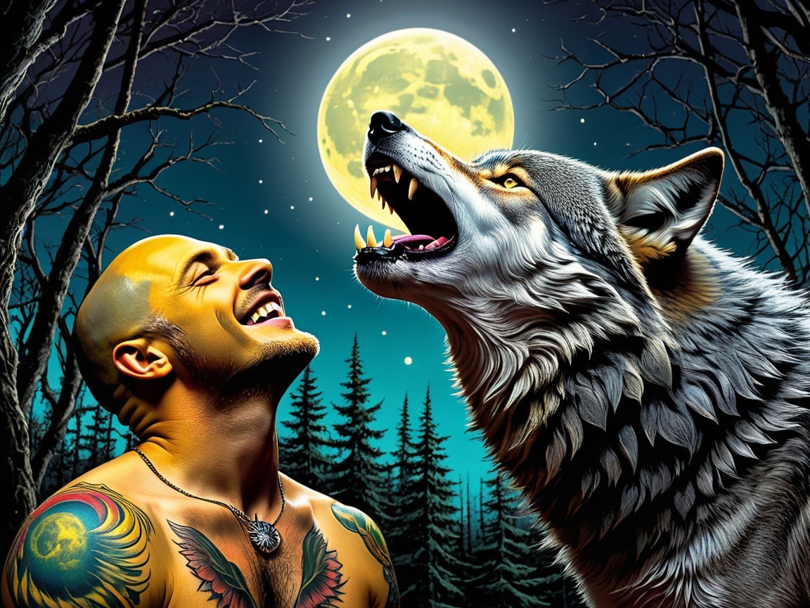Tattooed Man and Wolf Under Glowing Full Moon