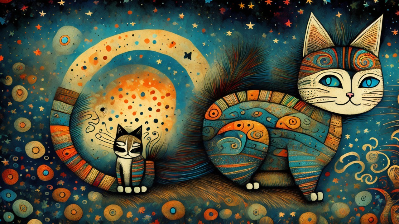 Whimsical Cats in Cosmic Starry Backdrop