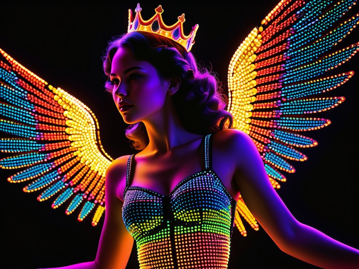 Young woman in crown with neon wings and vibrant lights