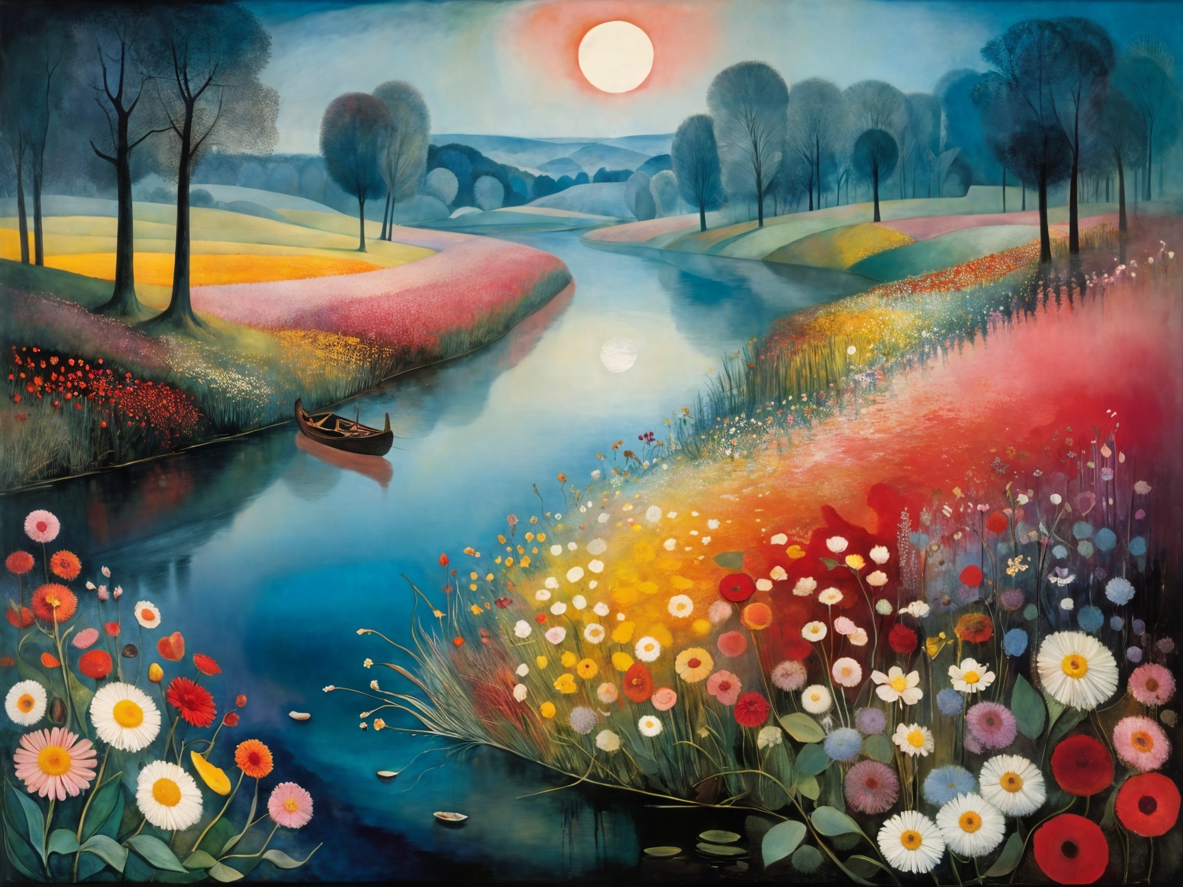 Tranquil River Landscape with Colorful Flower Fields