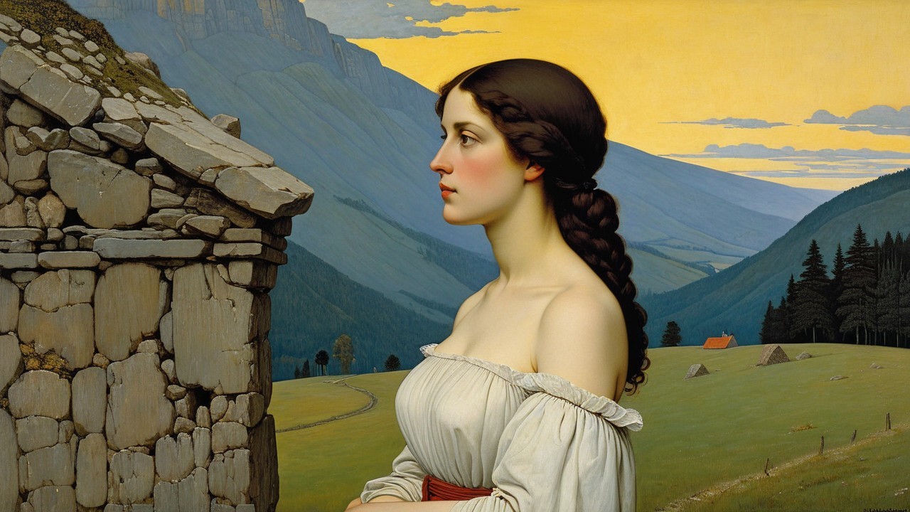 Medieval Woman in Landscape with Stone House and Mountains