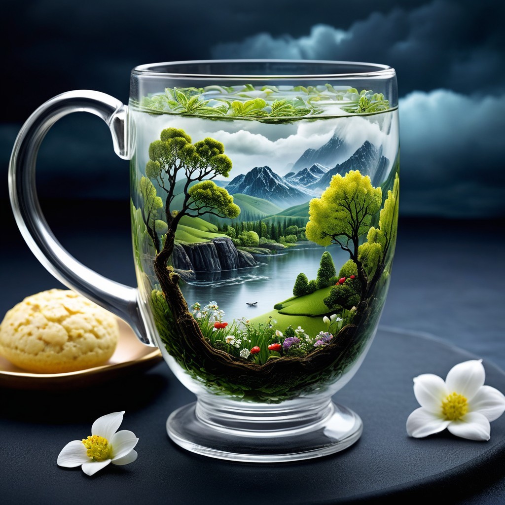 Hyperrealistic Glass Teacup with Scenic Landscape