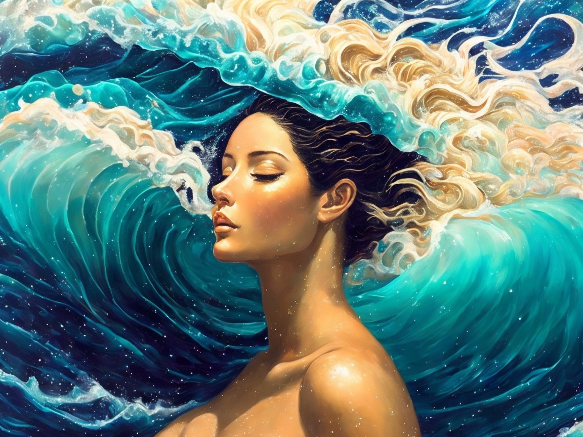 Portrait of a woman with hair blending into ocean waves