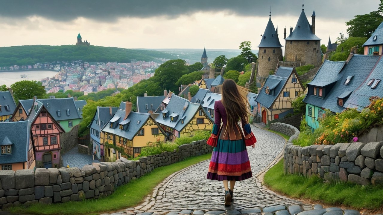 Colorful Dress in Picturesque Village with Castles
