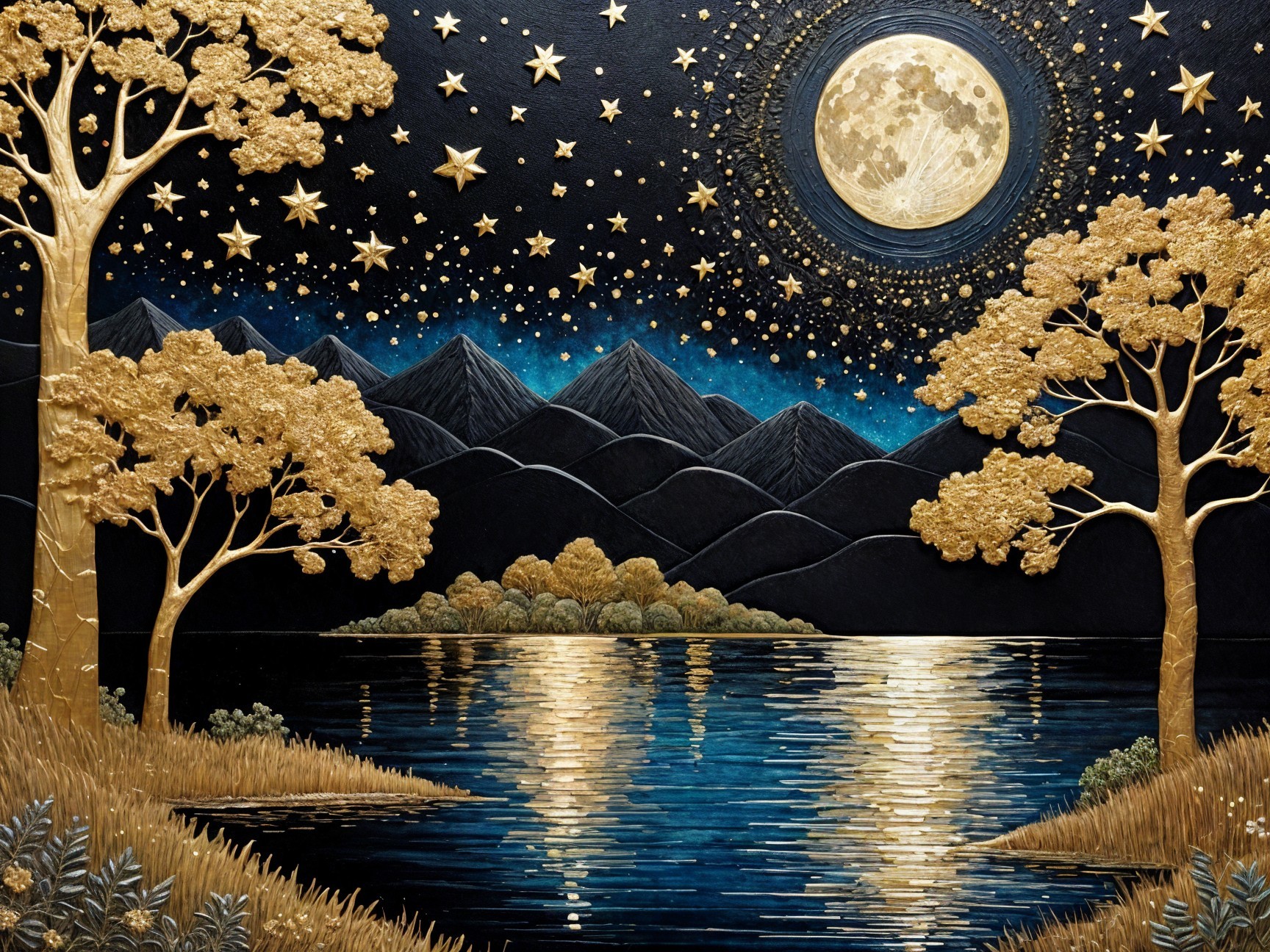 Serene Landscape with Lake, Moon, and Mountains