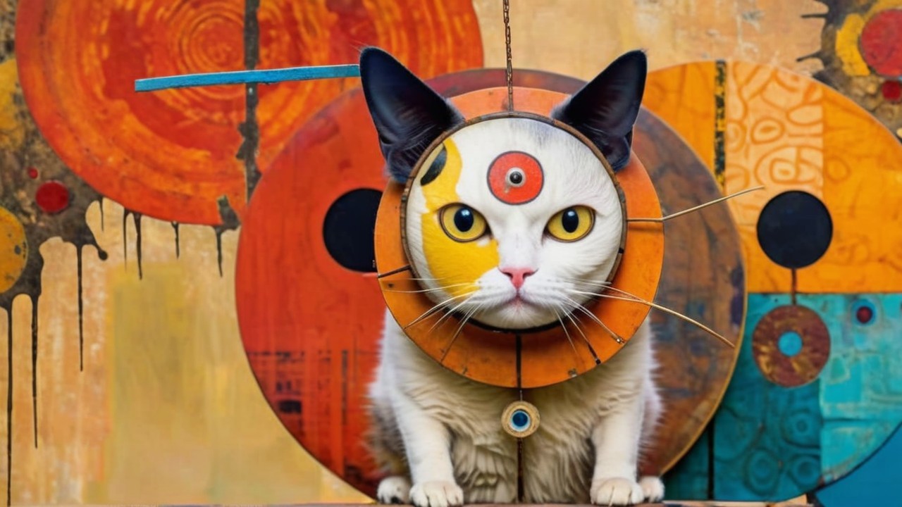 Whimsical Cat with Colorful Face and Abstract Background