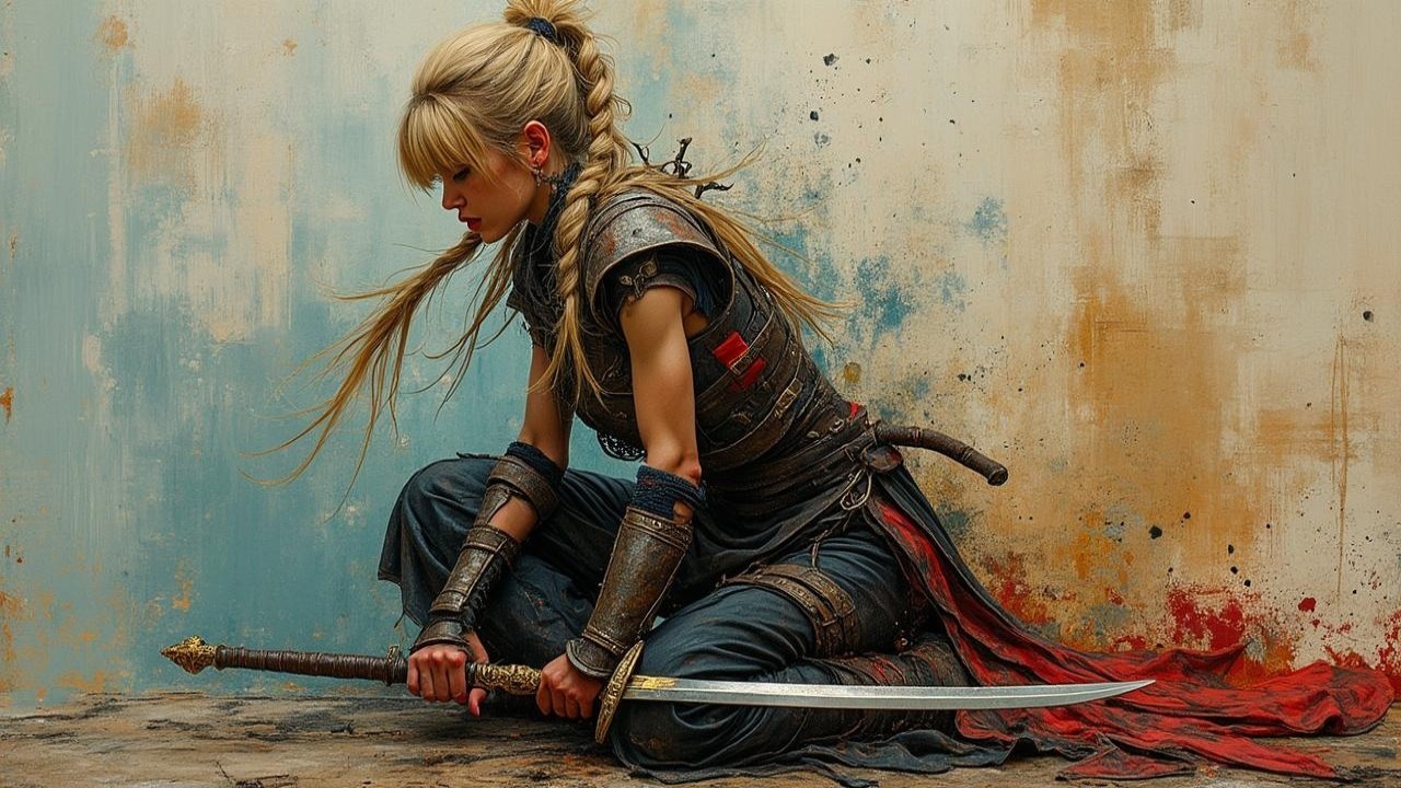 Fierce warrior in detailed armor with a sword