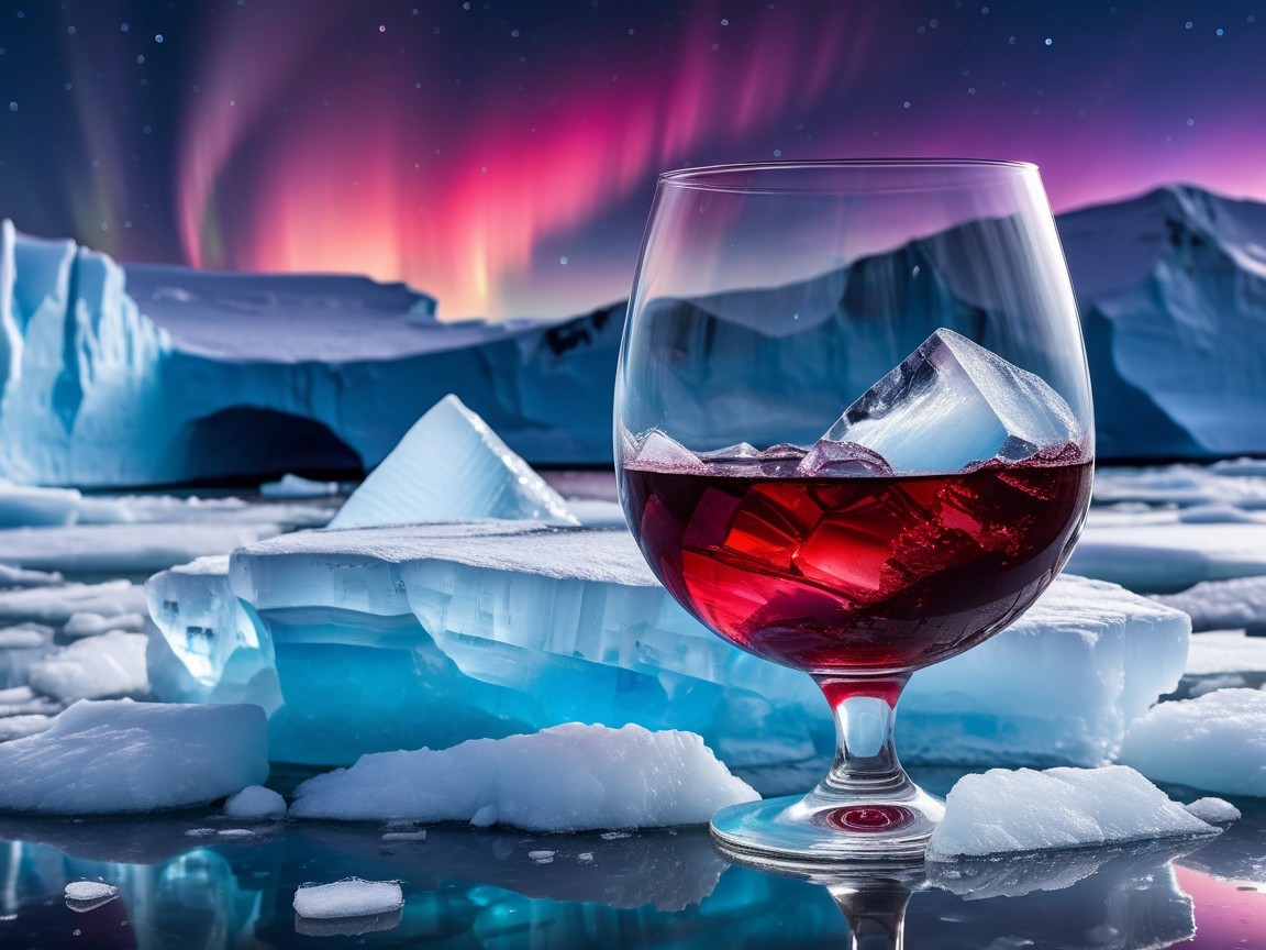 Red Liquid on Ice with Northern Lights Background