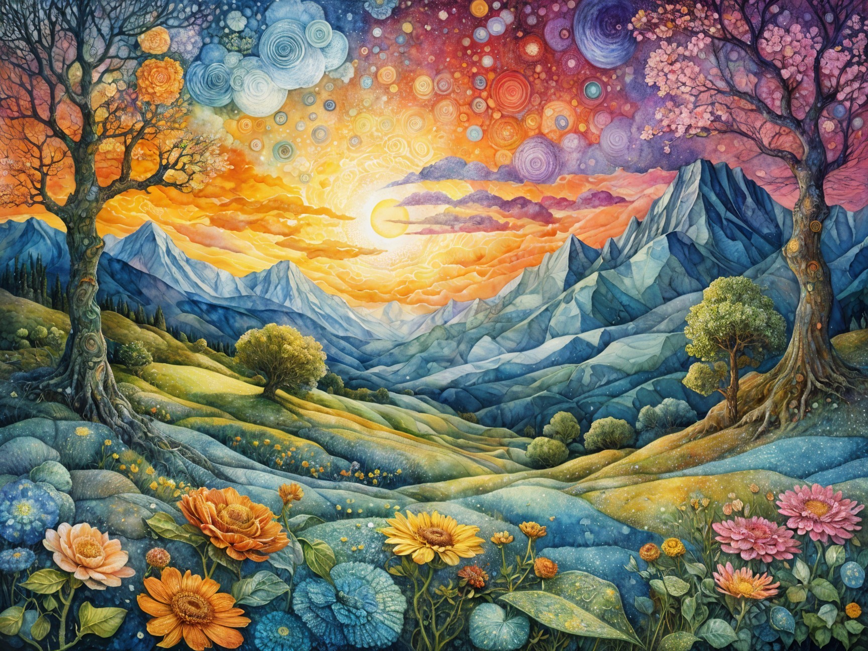 Vibrant Landscape with Colorful Flowers and Mountains