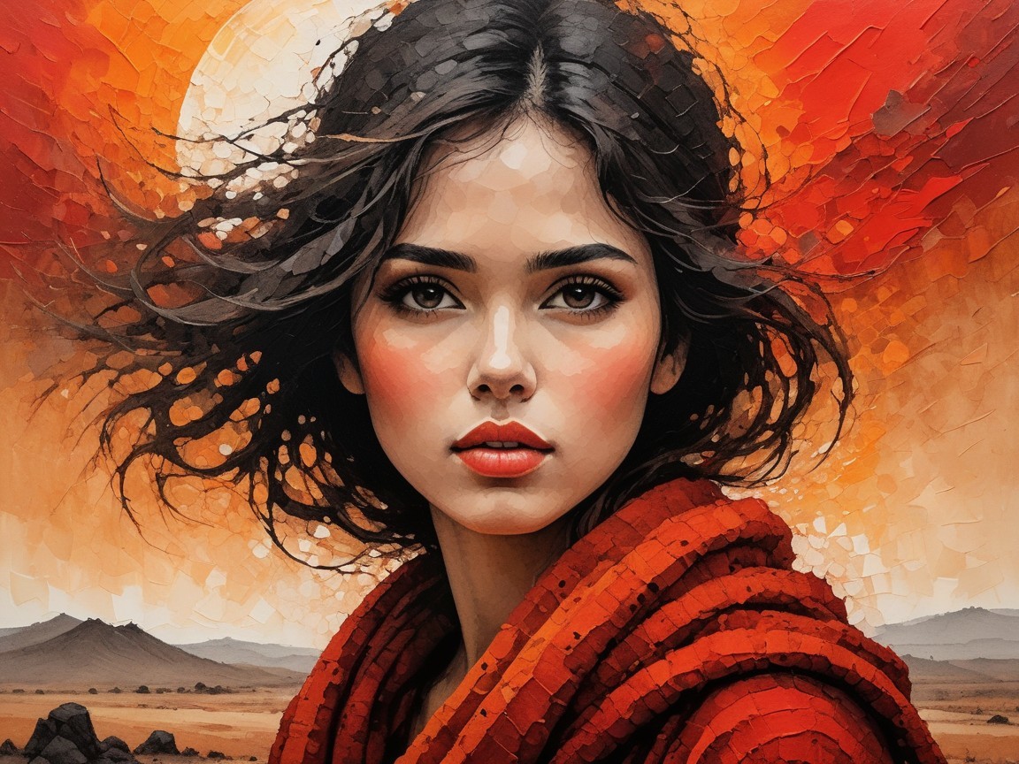 Portrait of a Woman with Flowing Hair at Sunset
