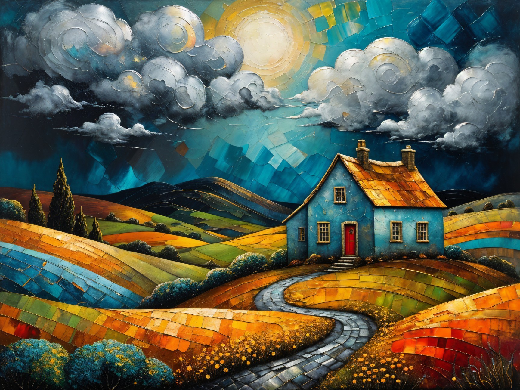 Vibrant Abstract Landscape with Quaint Blue House