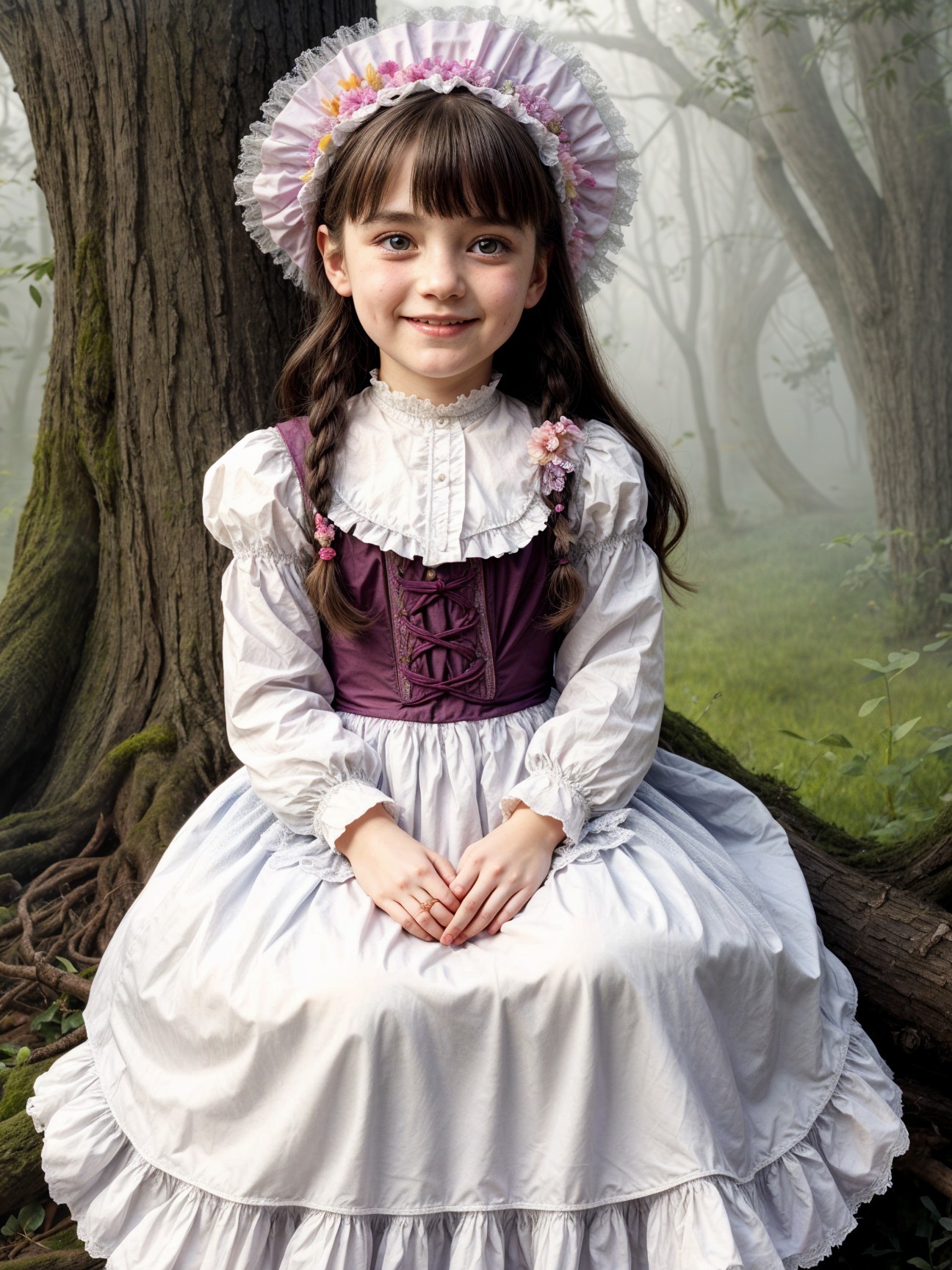 Young girl in vintage dress in misty forest setting