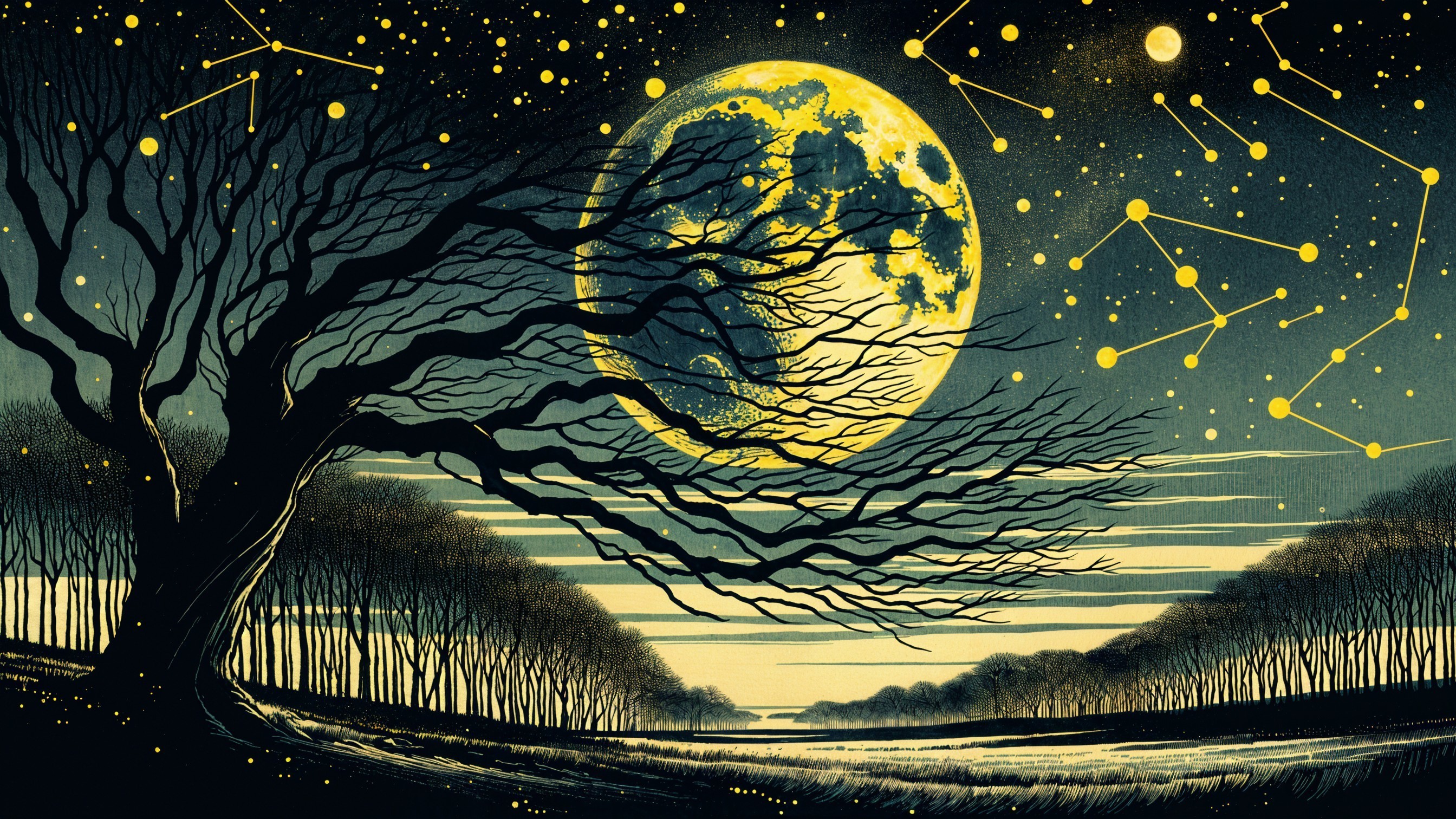 Mystical Landscape with Tree and Glowing Moon