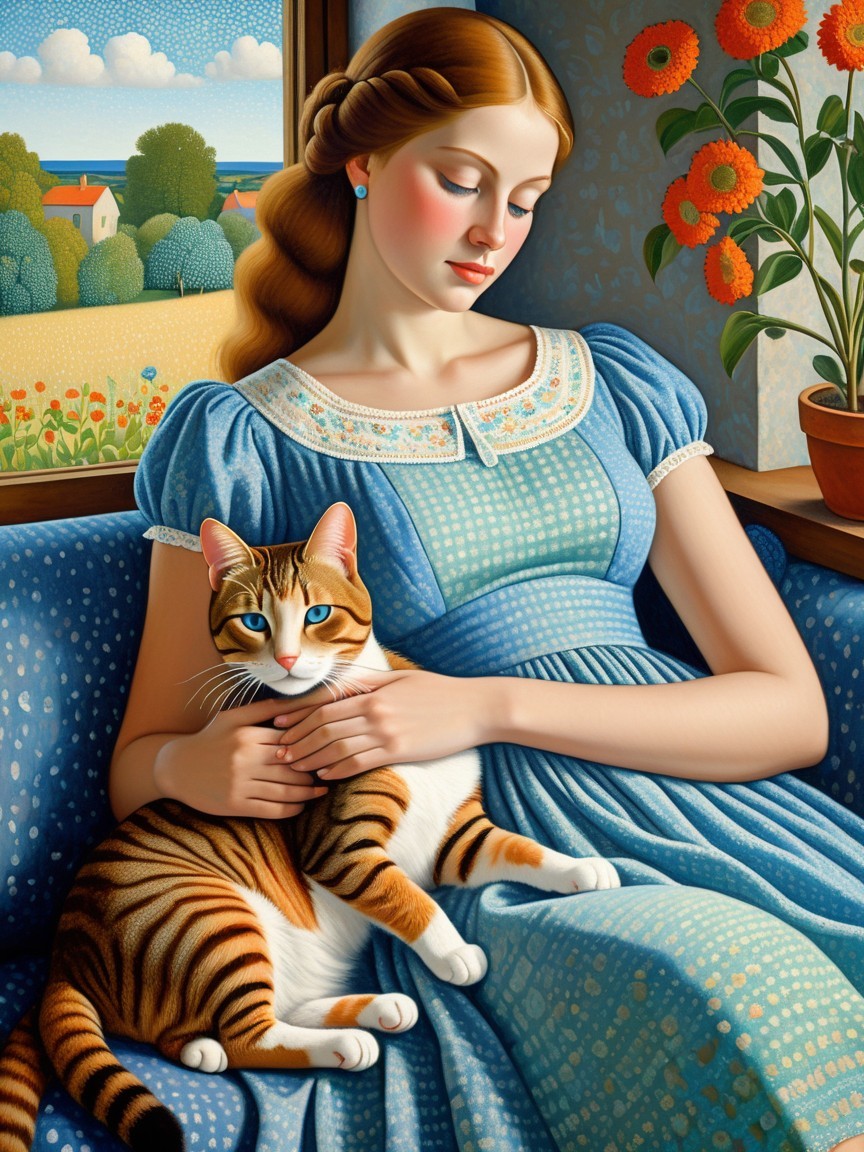 Young Woman in Vintage Dress with Cat by Window