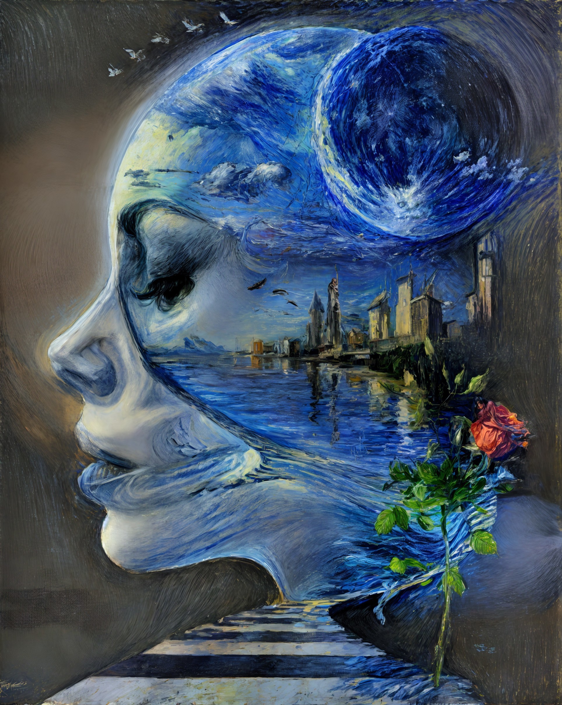 Surreal Woman's Profile with City Skyline and Moon