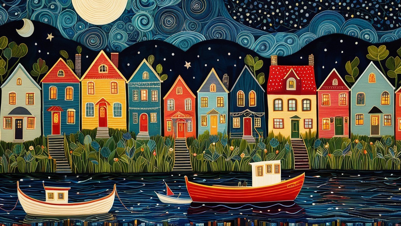 Charming Night Scene of Colorful Houses by Water