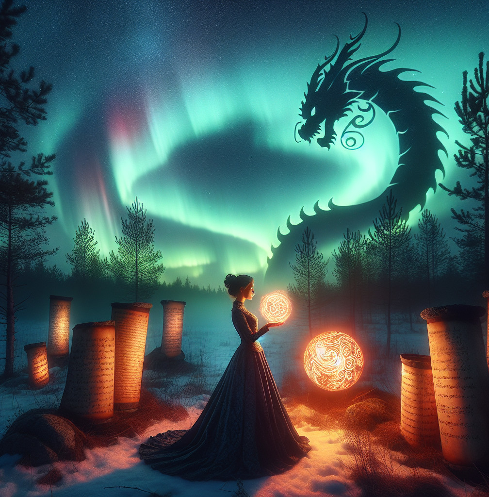 Mystical Scene with Aurora, Dragon, and Stone Pillars