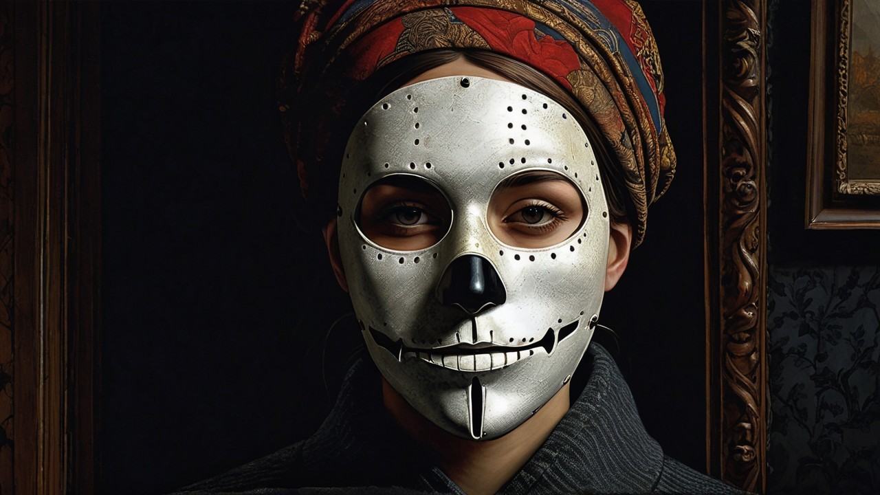 Silver Skull Mask with Intricate Details and Headscarf
