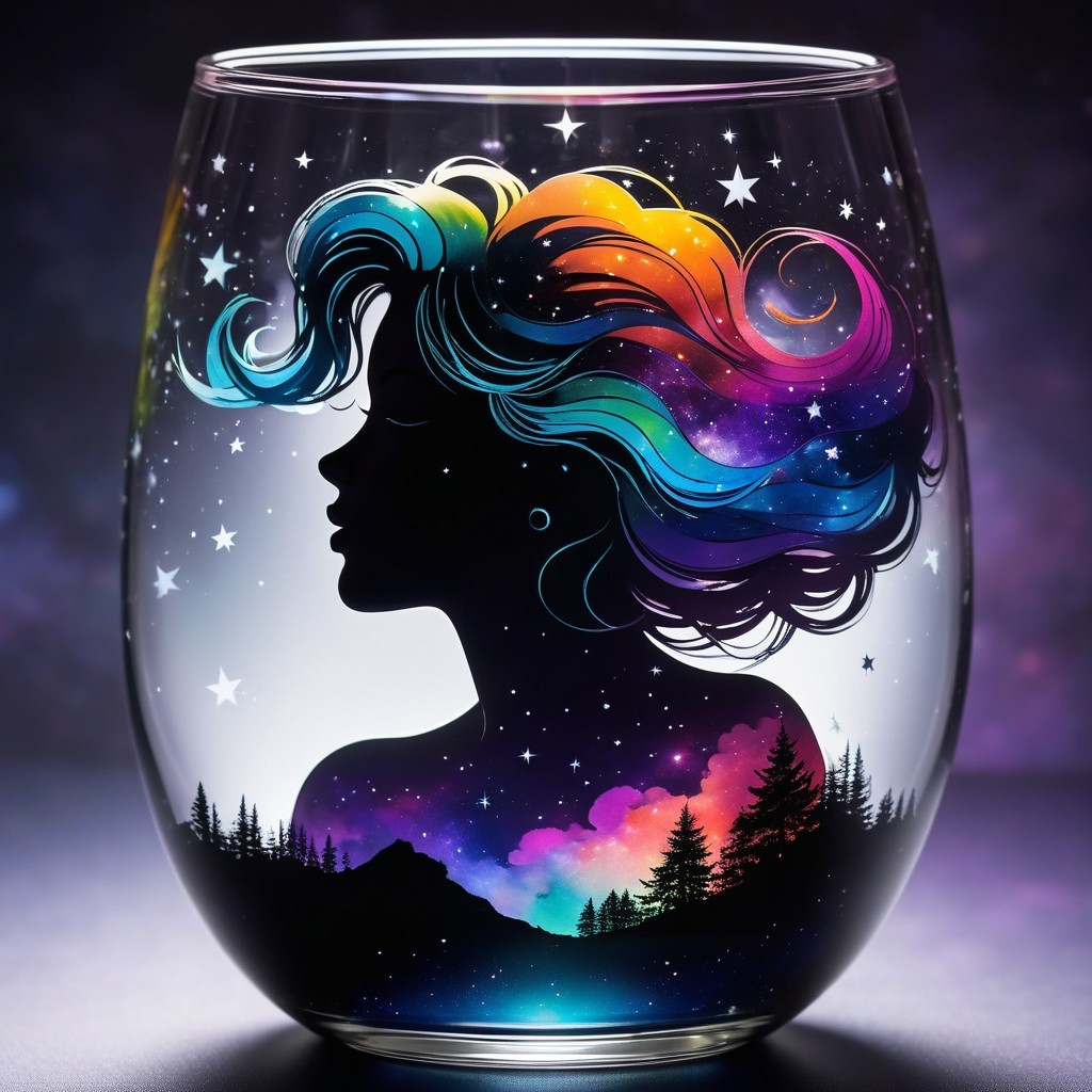 Glass Vase with Woman Silhouette and Cosmic Design