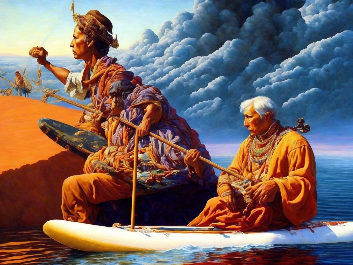 Surreal Landscape with Two Figures and Vibrant Colors