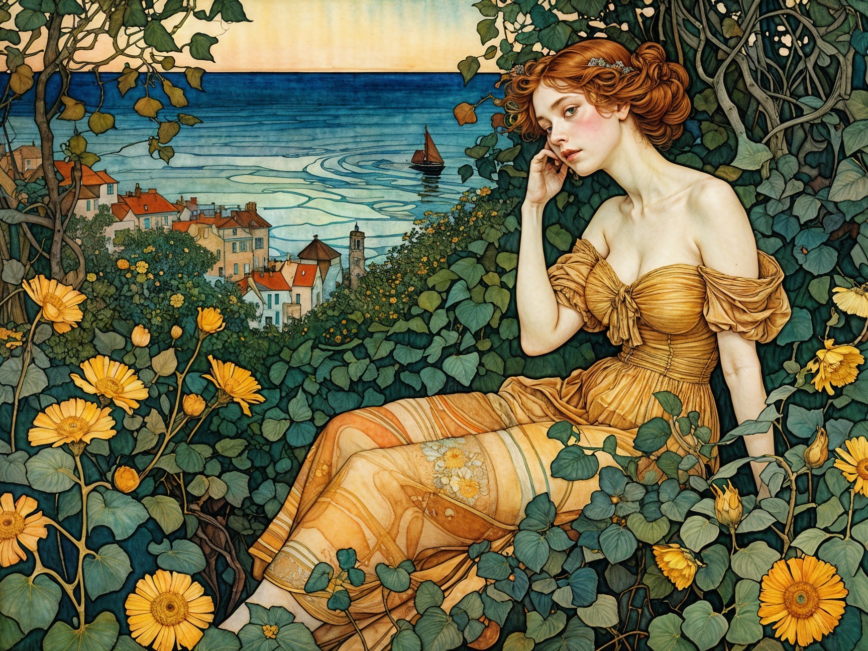 Young Woman in Golden Gown Amidst Coastal Serenity