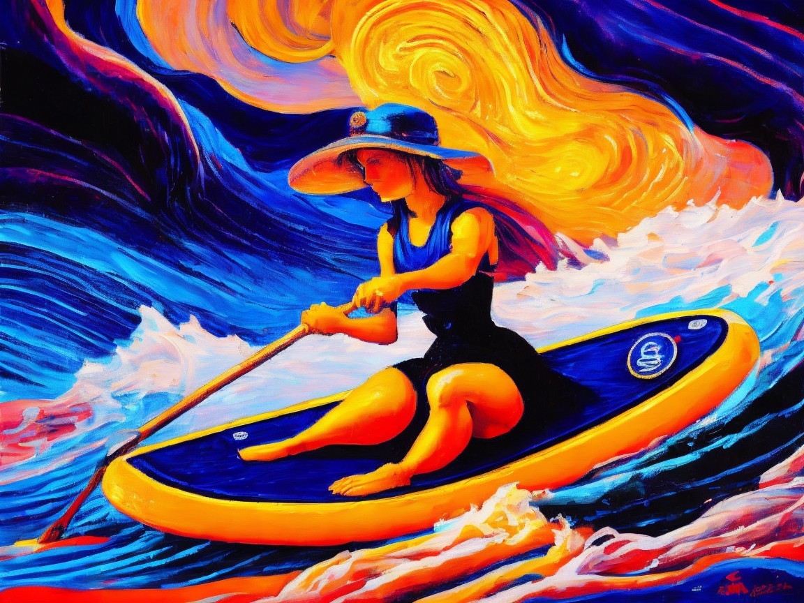 Abstract Painting of Woman Kayaking in Vibrant Colors