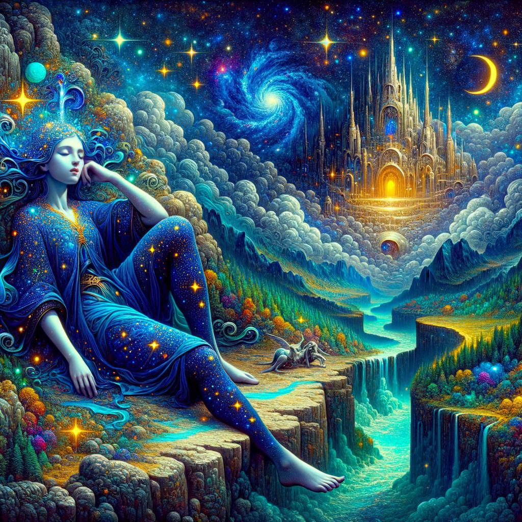 Dreamlike Scene with Celestial Figure and Castle