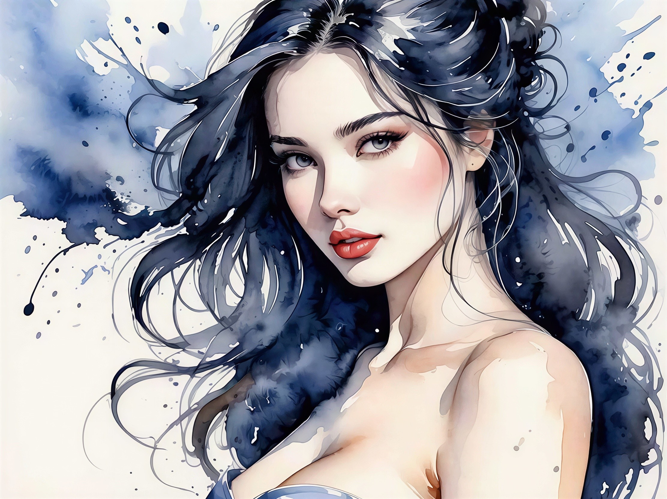 Watercolor Portrait of a Woman with Dark Hair