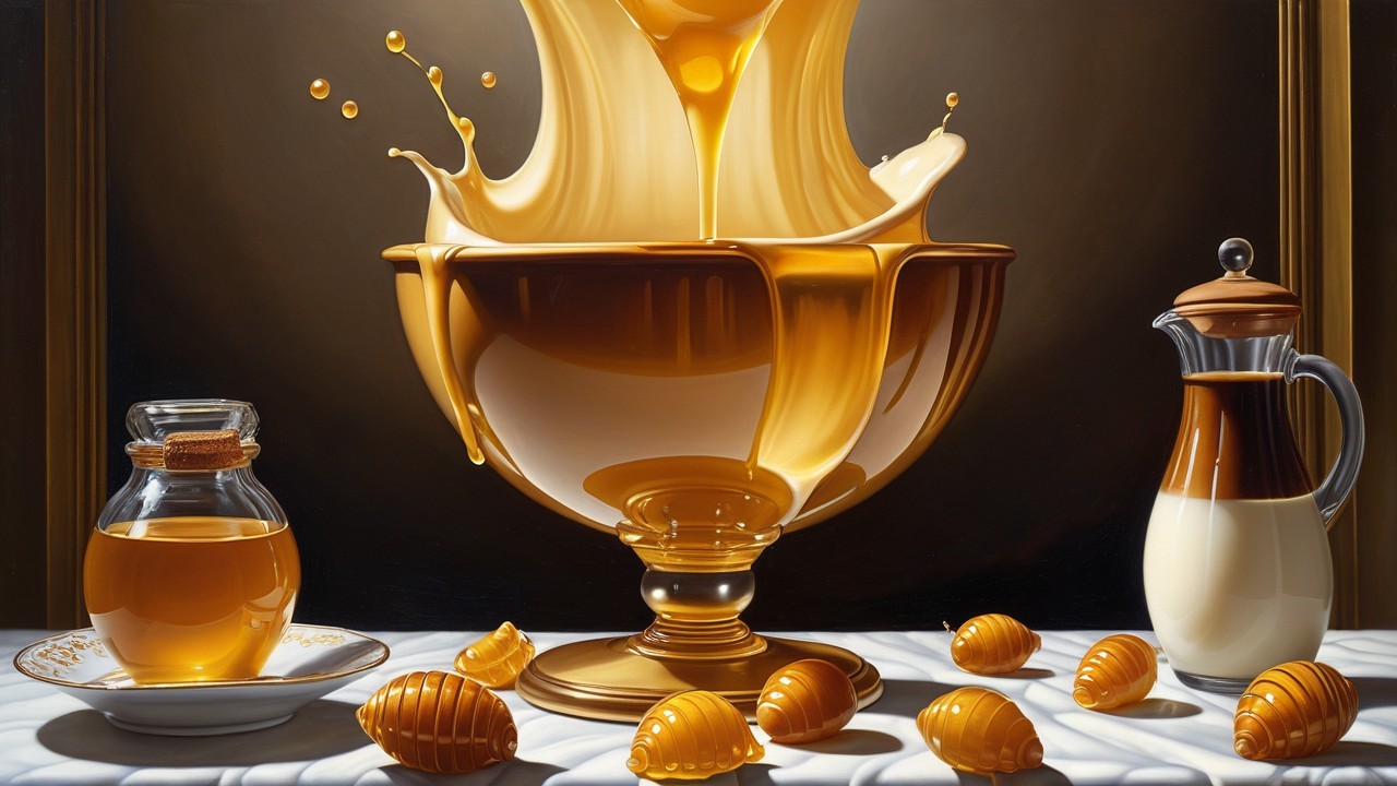Golden Bowl of Honey with Honeycomb and Cream Pitcher