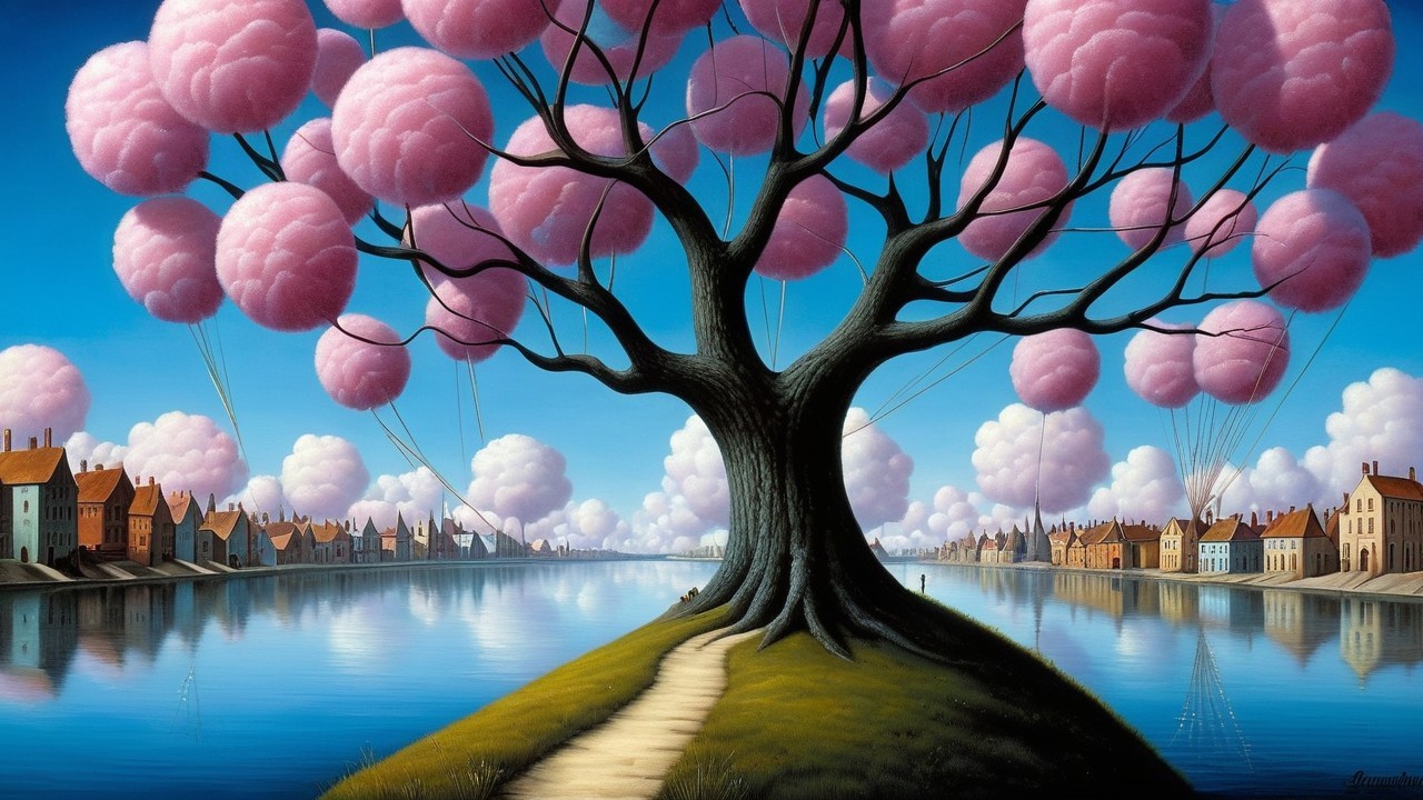 Whimsical Landscape with Gnarled Tree and Balloons