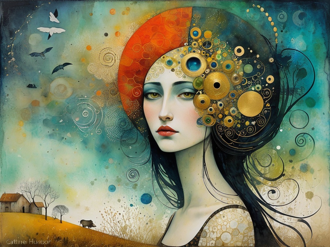 Serene Female Figure with Vibrant Headpiece and Landscape