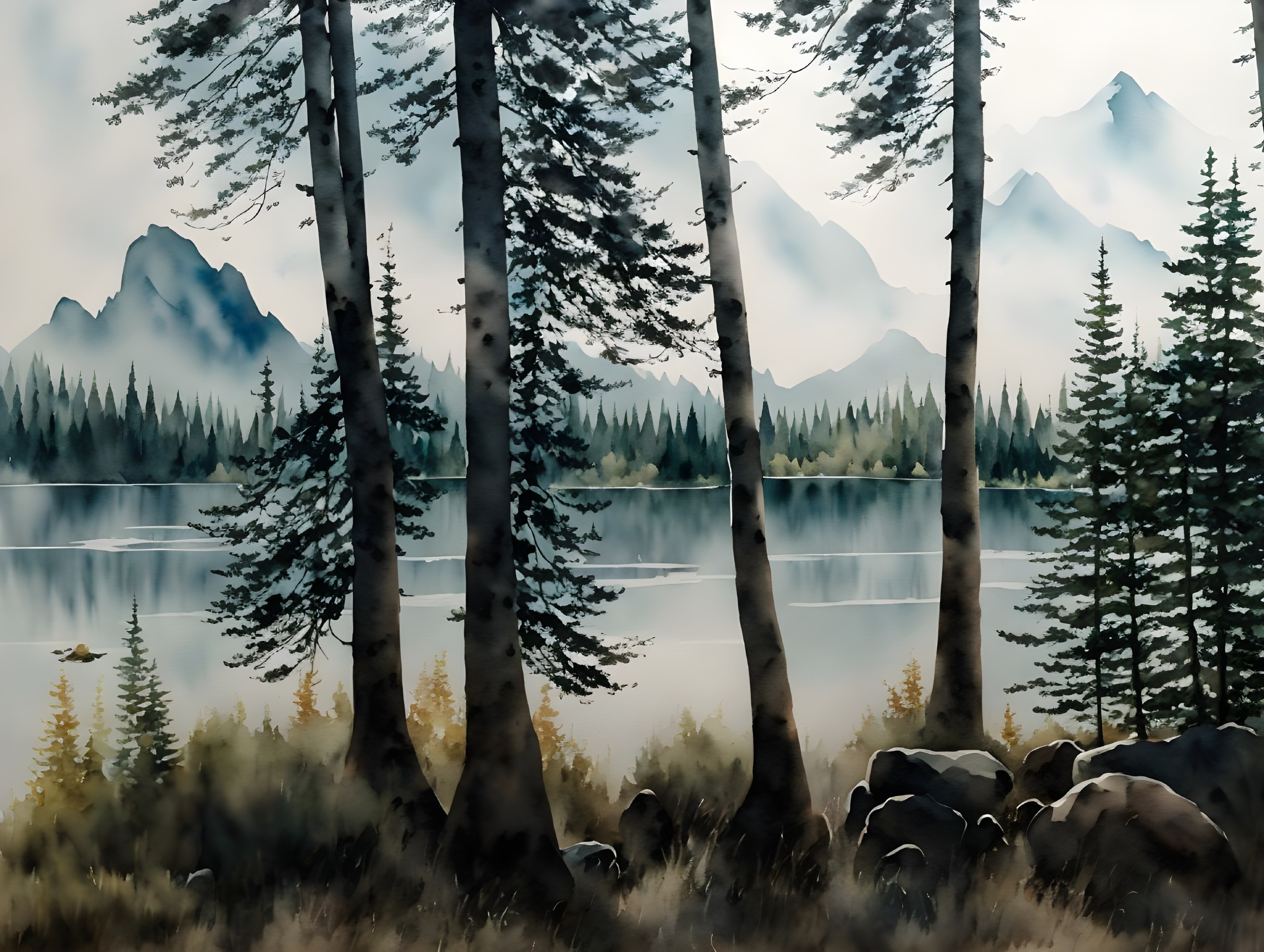 Serene Landscape with Trees, Lake, and Mountains
