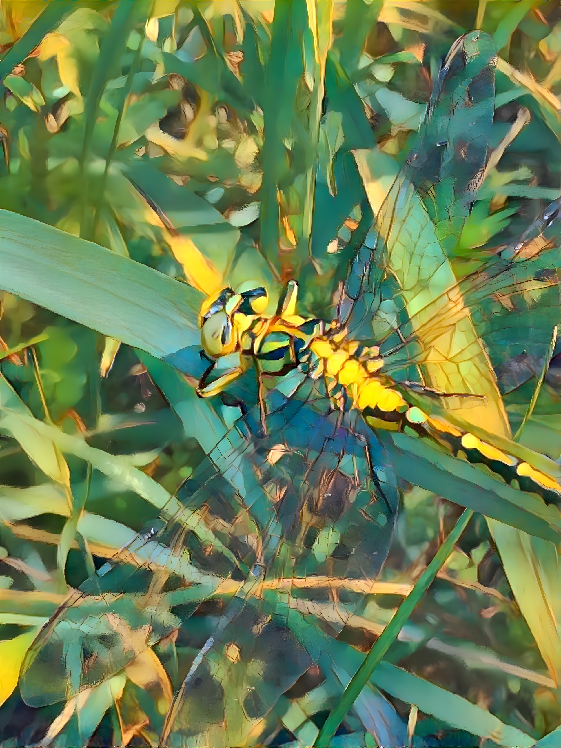 Vibrant Dragonfly on Green Grass with Intricate Wings