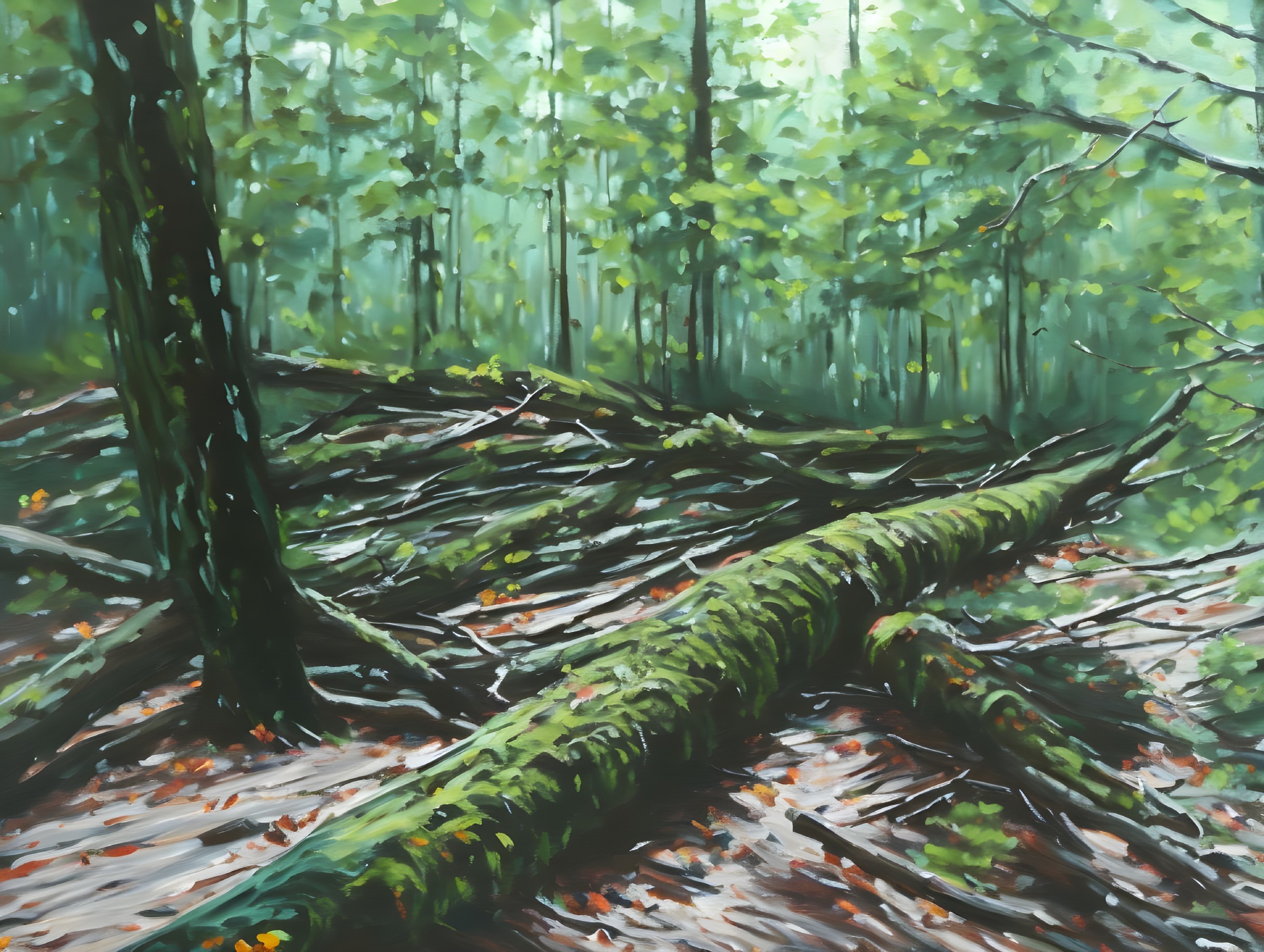 Serene forest scene with fallen trees and sunlight