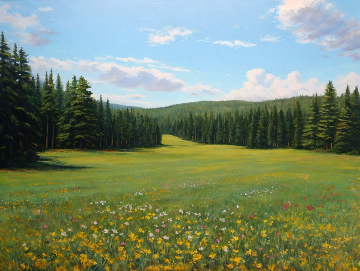 Serene Landscape with Meadow and Pine Trees