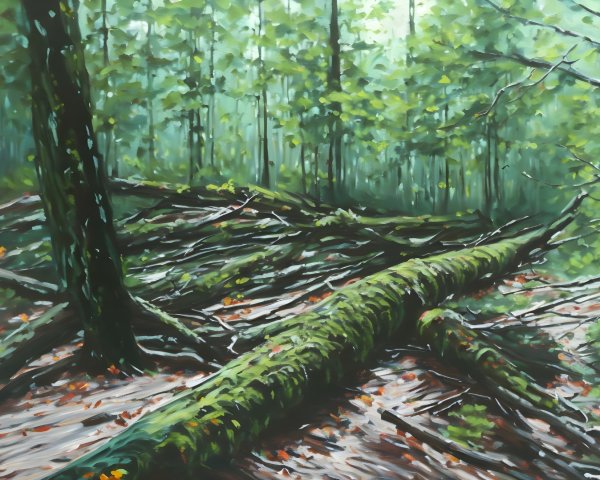 Serene forest scene with fallen trees and sunlight