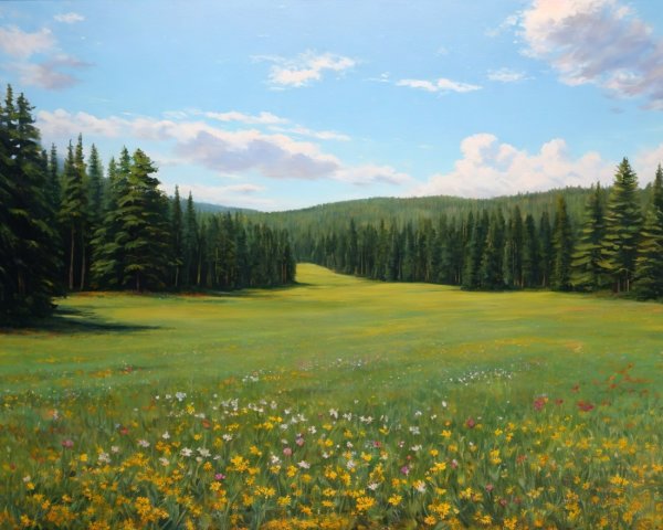 Serene Landscape with Meadow and Pine Trees