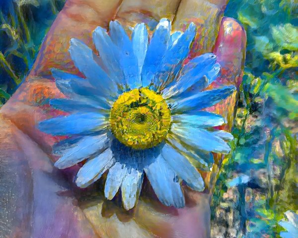 Colorful Hand Holding Blue Daisy in Impressionistic Style